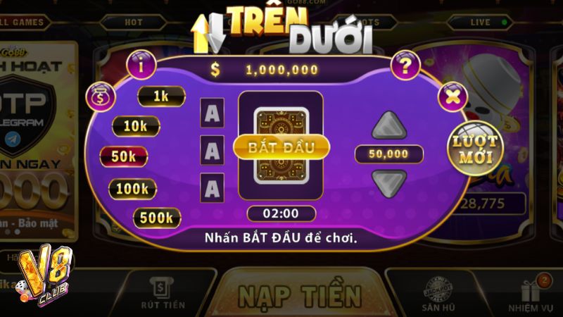 Trên Dưới V8Club thử tài bet thủ dự đoán giá trị lá bài mở ra bé hay lớn hơn quân hiện tại